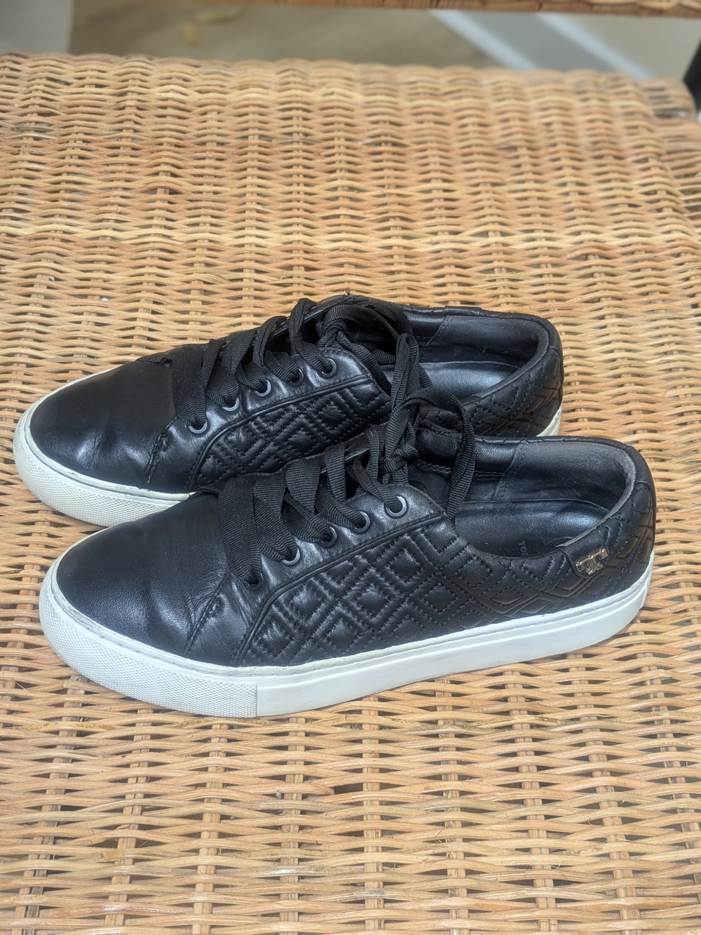 Tory Burch Black Quilted Leather Low-Top Sneakers with White Sole